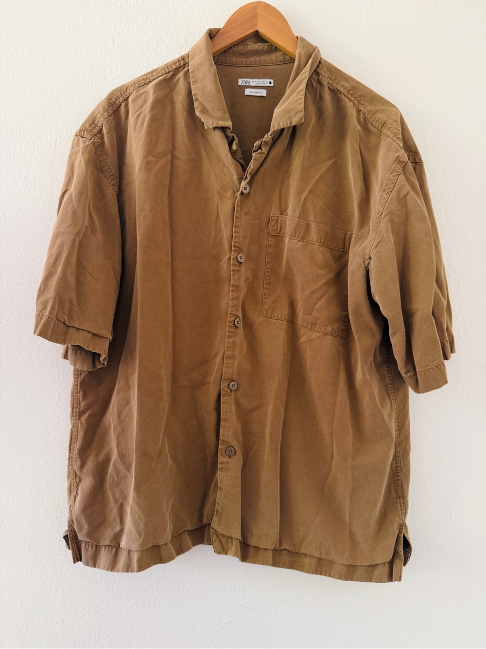 Zara Men’s Linen Blend Brown Short Sleeve Button Down